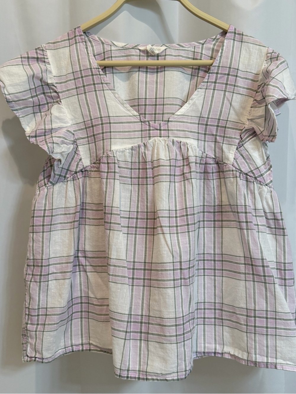 Caslon Lavender & Green Plaid V-Neck Flutter Sleeve Top